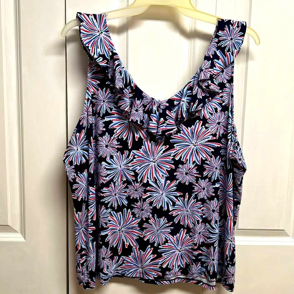 Crown & Ivory Red White Blue Fireworks Print Ruffle Tank Top Plus Size 2X